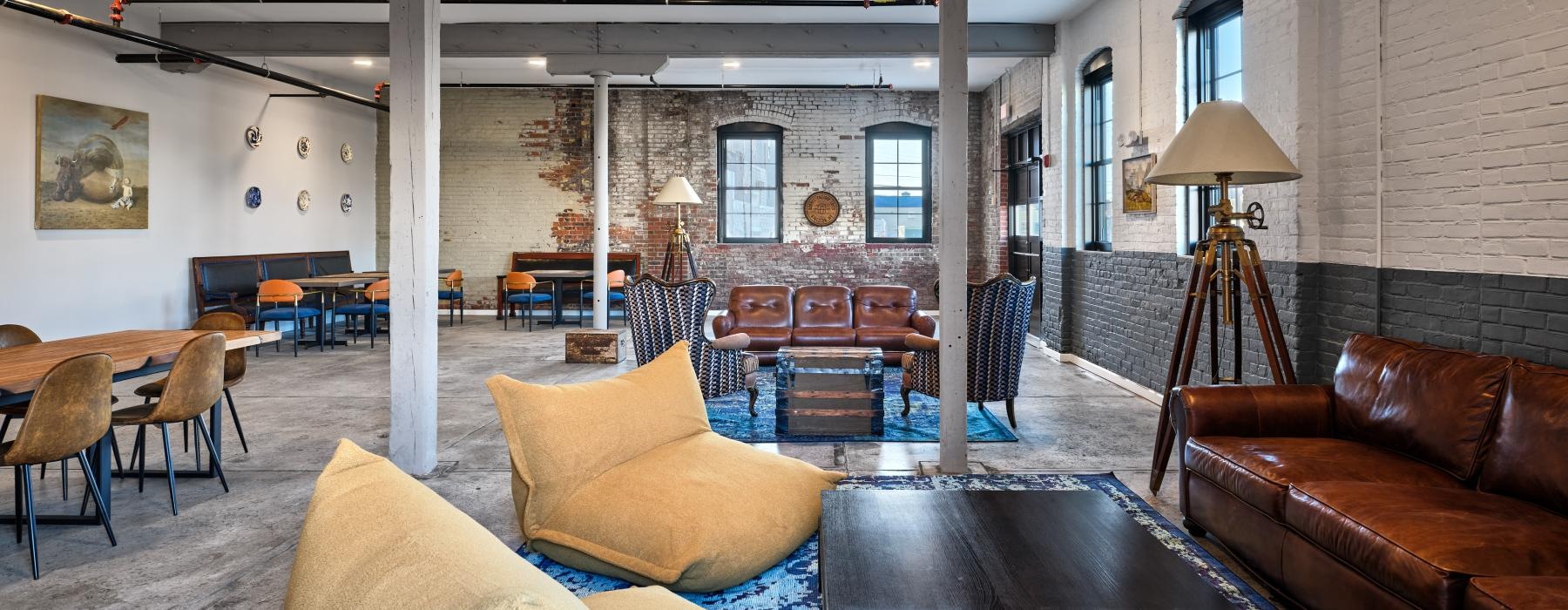 a living room with a large glass door