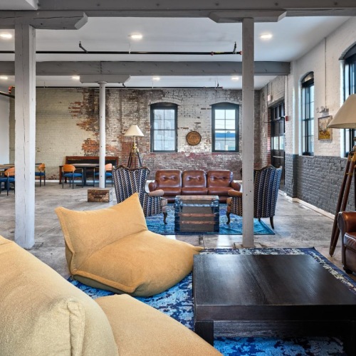 a living room with a large glass door